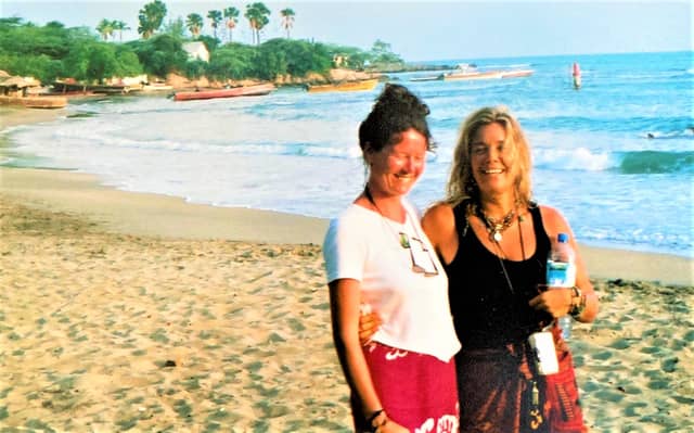 Cathy Hogan with Berry Berenson on Treasure Beach, Jamaica in 2001