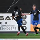 John Martin  celebrates with team-mate Jamie Mascoll after scoring his second and Waterford's third goal in the SSE Airtricity League Premier Division match against Dundalk PICTURE: SPORTSFILE