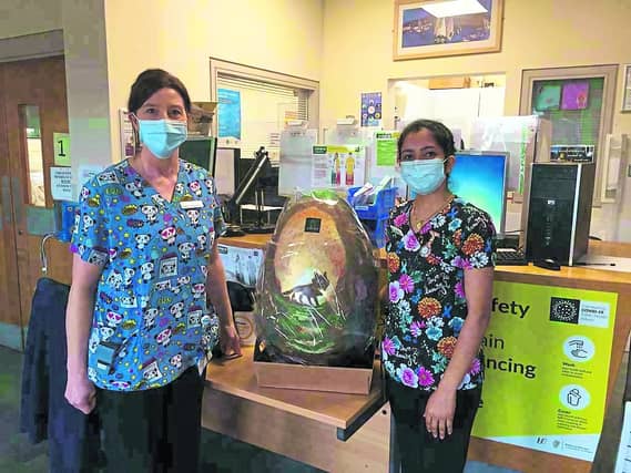 Helena (left) and Benzy (right), paediatric nurses in St Luke’s Hospital, with Truffle Fairy's Wolfwakers charity Easter egg, donated by the raffle winner Capri Parysek