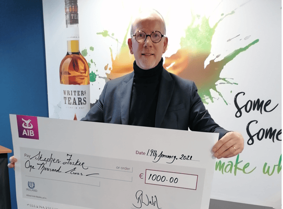 Bernard Walsh of Walsh Whiskey, pictured with the 3rd Annual Walsh Whiskey Bursary cheque for €1,000, won by Stephen Foster