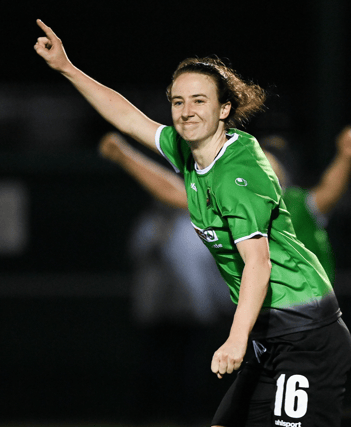 Karen Duggan of Peamount United celebrates after scoring her side's second goal during the Women's National League match between Peamount United and Shelbourne . Photo ; Seb Daly/Sportsfile