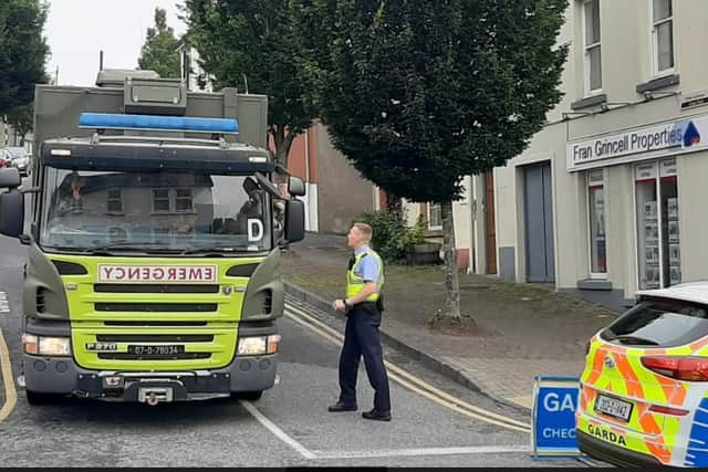 Gardaí were alerted to unusual activity at the property and the services of the Technical Bureau and the Army EOD team were requested. Upon inspection of the property, the area was sealed off and one man was located nearby with injuries to his hands and face. He was taken to St. Luke's General Hospital where he was treated for his injuries. He has since been released from hospital and was arrested and is currently detained at Kilkenny Garda Station under Section 30 Offences Against The State Act, 1939.