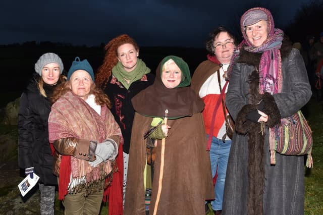 Joanna Sielecka with Druids: Agnes Ryan, Tara Sammon, Eimear Bourke, Patricia Booker & Joan Ryan at the Knockroe Winter Solstice. PICTURE: HARRY REID