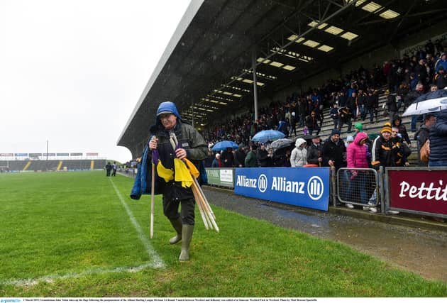 The game is off and the flags have to be taken in - Wexford Park on Sunday Picture: Matt Browne/Sportsfile