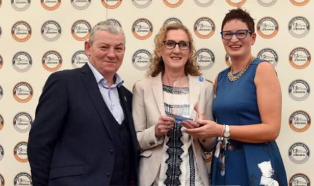 Aileen Deasy, Bord Iascaigh Mhara, right presents Mag Kirwan, Goatsbridge Trout, Thomastown, County Kilkenny with the BIM Seafood Innovation Award at the annual Blas na h-Eireann Awards in Dingle.