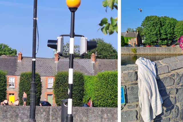 Left: Young swimmers jumping from the wall of John's Quay, and right: A bathing towel left by teens jumping from the Lady Desart Bridge