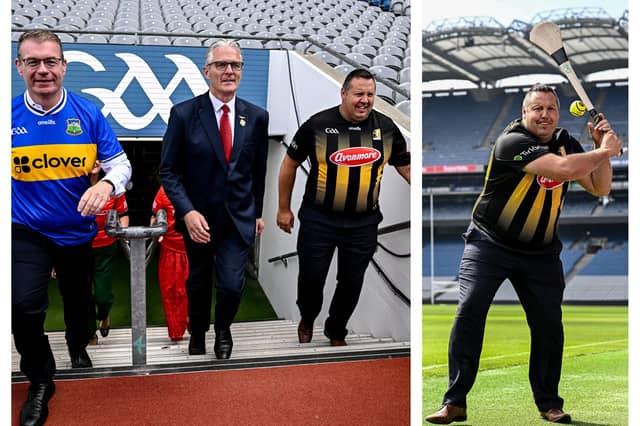 Left: Committee chair Alan Kelly walks out of the tunnel with TD Peter ‘Chap’ Cleere and GAA President Jarlath Burns. Right: Deputy Cleere shows he can still wield a hurley