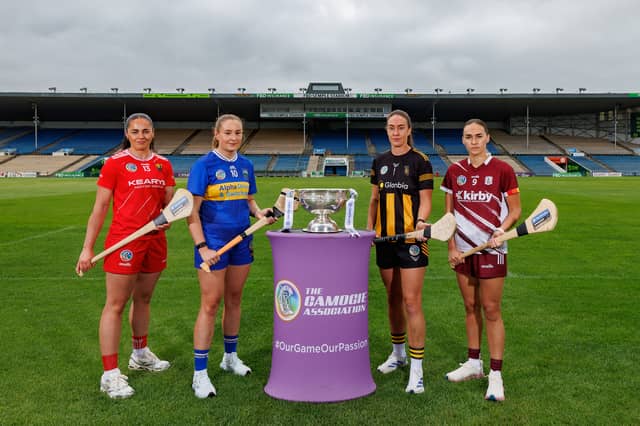 Cork’s Sorcha McCartan, Tipperary’s Eimear McGrath, Kilkenny’s Aoife Norris and Galway’s Carrie Dolan pictured ahead of the 2026 Glen Dimplex All-Ireland Camogie Championship Semi-Final double header in FBD Semple Stadium .