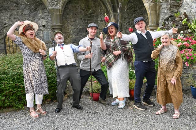 Rehearsing for the 1899 pony auction reenactment on August 15 on the steps of Kilkenny Courthouse are: Emma Dunne, Willie Ryan, Eddie Kennedy, Michelle O'Sullivan, Michael Somers and Kathryn Creedon