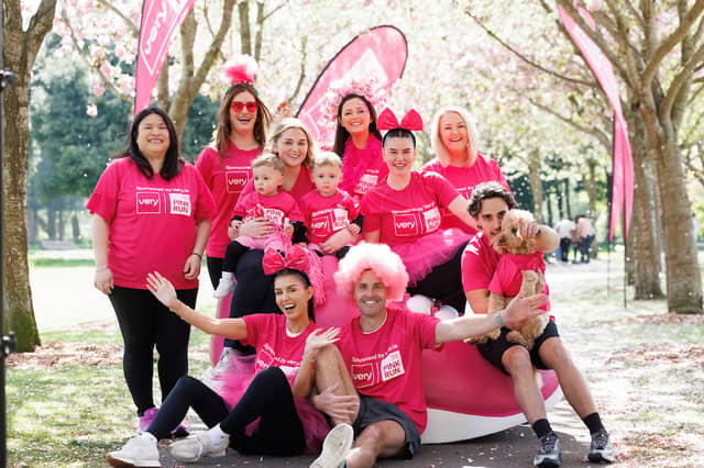 Hazel Chu, Politician and breast cancer survivor, Terrie McEvoy, lifestyle influencer and husband David Fitzpatrick (Pink Afro), Elaine Crowley, Virgin Media Presenter, Lauren Martin (who lost both her mother and father to breast cancer) with her twin boys Axel & Crew Martin (aged 1) , Jennifer Wrynne, Milliner and breast cancer survivor, Karen Byrne, DWTS Judge and Jake Carter with their dog Lenny and Aisling Hurley, CEO, Breast Cancer Ireland pictured at the launch of Breast Cancer Ireland's Very Pink Run. Pic: Marc O'Sullivan