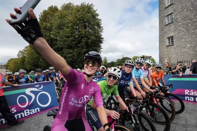 Race Leader Alice McWilliam gets a selfie with all the jersey holders before the start of the criterium, the final stage of the 2025 Rás na mBan. The 2026 event returns to Kilkenny this September. | PICTURE: Lorraine O’Sullivan
