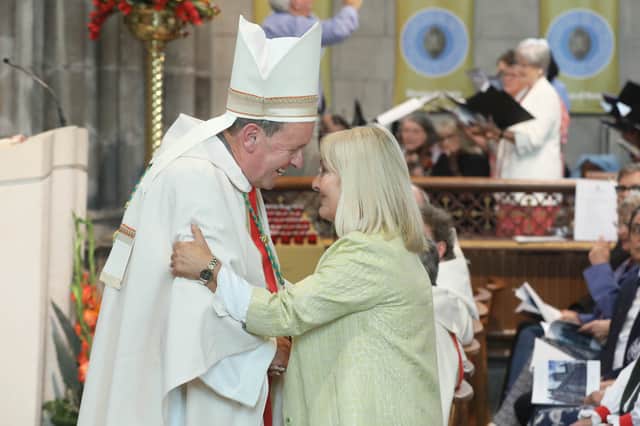 Bishop Nash being congratulated by Ceann Comhairle Verona Murphy TD during the ceremony on Sunday