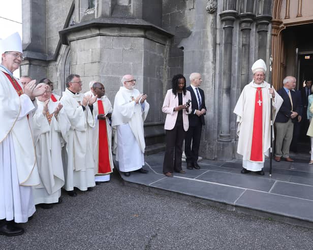 Bishop Ger Nash is congratulated at his episcopal installation on Sunday