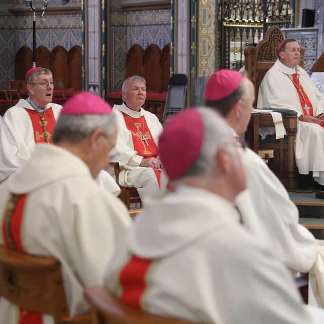 Bishop Nash seated in the chair which he was led to by Archbishop Dermot Farrell on Sunday