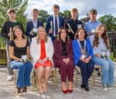 Alex Fox (Colaiste Cois Siuire) , Patrick Galvin (Abbey Community College), Senan Kelly (Duiske College), Jack Ravenhall (Grennan College), Patrick Cahill ( Kilkenny City Vocational School), (seated l-r), Holly Long ( Scoil Aireagail), Dr. Pauline Egan (Director of School KCETB),  Dr. Lindsay Malone (CEO KCETB), Cllr Andrea Dalton (chairperson KCETB) and Cáit Ní Chatháin ( Coláiste Pobail Osraí)