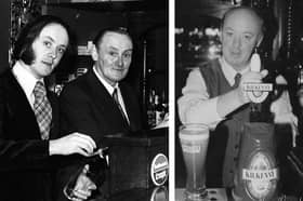 Eamonn Langton pulling a pint over the  years, and left, with his father Ned in the bar