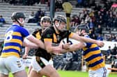 Conahy's Eoin Cahill drives through the John Lockes duo of Paddy O'Brien and Jack Mc Dowell during Saturday's JHC Semi-Final.