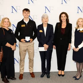 School principal Emma Raughter, winning Kilkenny scholar Ted Crowley from Kilkenny College, Carmel Naughton, Minister for Health Jennifer Carroll MacNeill TD and Aoife Ahern from UCD at the 2026 Naughton Foundation Scholarship awards held at Trinity Business School, Trinity College Dublin