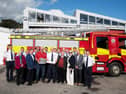 Padraic Keely (Senior Assistant Chief Fire Officer), Cllr Mary Hilda Cavanagh, Cllr Pat Fitzpatrick, Liam Joyce (Emergency 1 UK), Jason Bowden (Station Officer, Freshford), Cllr John Brennan, Fiona Deegan (Director of Services), Cllr Michael McCarthy, Frank Dunne (Chief Fire Officer). Also shown are members of Kilkenny County Council Fire & Rescue Service – Freshford Brigade