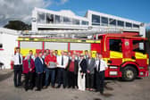 Padraic Keely (Senior Assistant Chief Fire Officer), Cllr Mary Hilda Cavanagh, Cllr Pat Fitzpatrick, Liam Joyce (Emergency 1 UK), Jason Bowden (Station Officer, Freshford), Cllr John Brennan, Fiona Deegan (Director of Services), Cllr Michael McCarthy, Frank Dunne (Chief Fire Officer). Also shown are members of Kilkenny County Council Fire & Rescue Service – Freshford Brigade