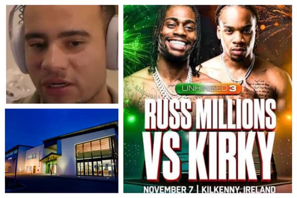 The Hub in Kilkenny (bottom left) will host Unhinged Promotions' influencer boxing event on November 7, headlined by Russ Millions vs Kirky (right). The promotion was founded by HSTikkyTokky (top left), who featured in Louis Theroux's Netflix documentary Inside the Manosphere