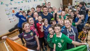 Cuffesgrange pupils do the haka for Seán O'Brien, the Tullow tank