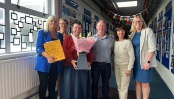 Principal Cathy McSorley, Teachers, Eimear White, Elizabeth Thornton, John Collins, Cllr Deirdre Cullen, Chairperson of the Board of management and Vice Principal Deirdre Costigan