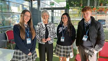 Col&aacute;iste Pobail Osra&iacute; student C&aacute;it N&iacute; Chath&aacute;in, President Catherine Connolly, Freya N&iacute; Aol&aacute;in Rome and Morg&aacute;in &Oacute; Tuathail