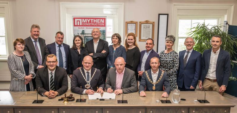 Front row: Front Row L to R: Minister John Paul Phelan, Cathaoirleach KCC David Fitzgerald, Leonard Daly(Mythen Construction), Mayor Michael Doyle