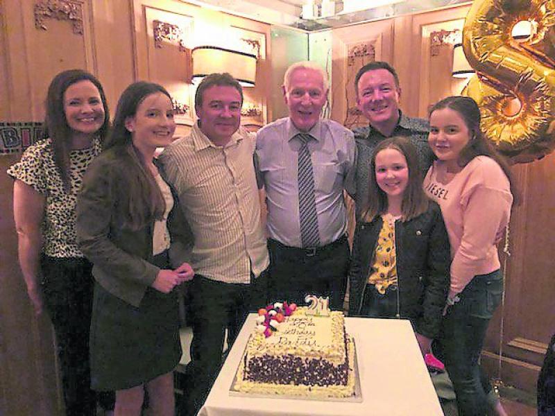 Kilkenny legend, Paddy The Rock Maher had his 80th birthday party in Langton’s on Friday night. L to R: Daughter-in-law Irene, grandchildren Sophie, Abbie, Lily and sons Ronan and Aidan with Paddy