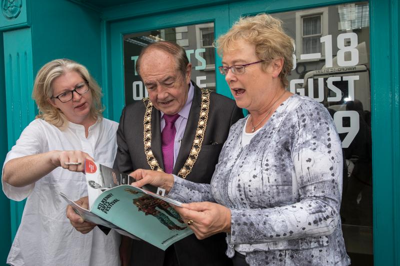 Kilkenny Arts Festival Director Olga Barry with Mayor of Kilkenny, martin Brett and Arts Festival chairperson, Emer Foley at the opening of the festival box office on John Street