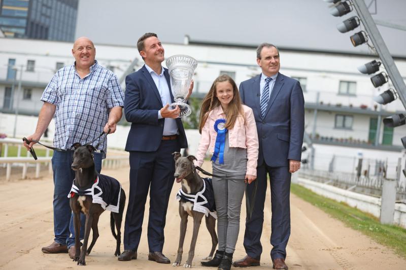 Eamon Cleary 2018 winner of last year's race with winning greyhound Ballyanne Sim; Leon Blanche, Boylesports; Katie Robinson and greyhound Uncle Wexford and Gerard Dollard