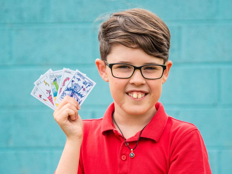 Ben O'Brien, Castlemartyr National School, Co. Cork pictured with their JEP product, 'Galacktyco Trading Cards'. They generated over €750 profit through the sales of their product