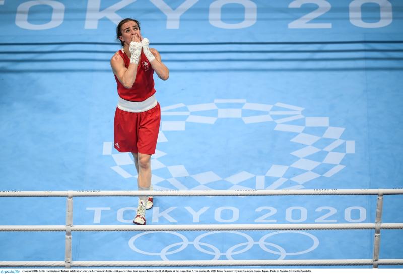 Kellie Harrington of Ireland celebrates victory in her women's lightweight quarter-final bout against Imane Khelif of Algeria. Photo by Stephen McCarthy/Sportsfile