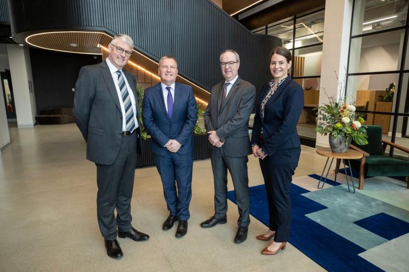 Jim Bergin CEO, Tirlán with Minister for Finance Michael McGrath, Seán Molloy Chief Ingredients & Agri Officer and CEO Designate Tirlán and Dr. Lisa Koep Chief ESG Officer Tirlán. Photo by Finbarr O’R