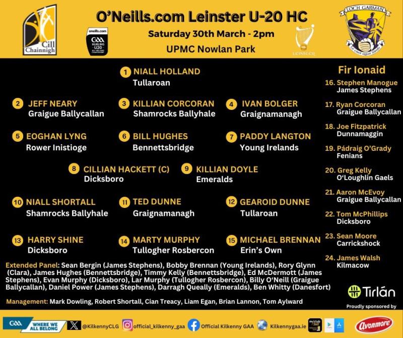Kilkenny Under 20 side named for Leinster opener with Wexford