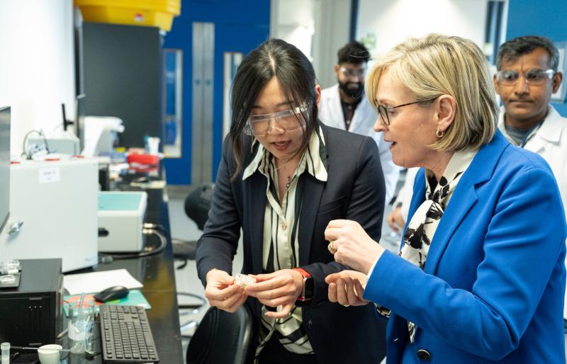 Dr Han Shao explains the work of the Tyndall National Institute, in UCC,  to European Commissioner Mairead McGuinness. Picture: Gerard McCarthy
