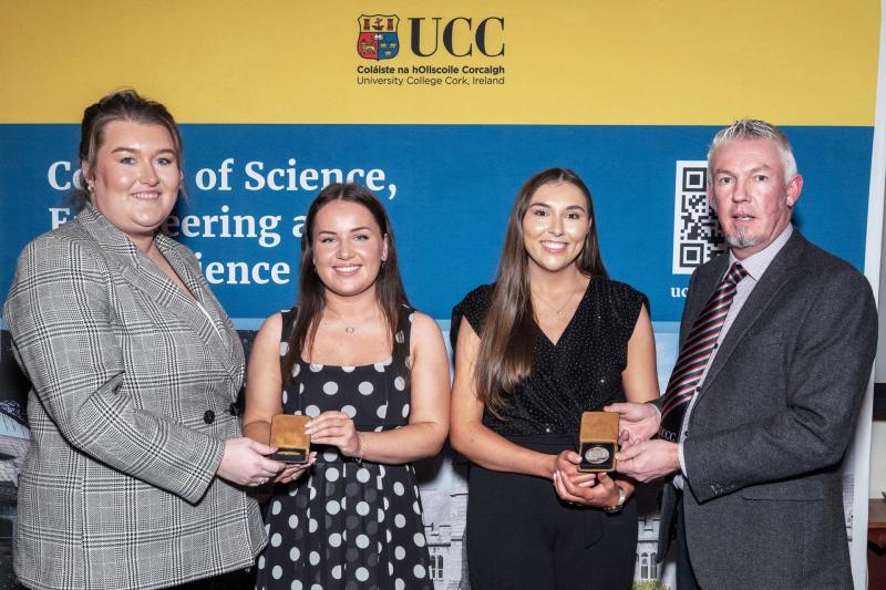 Clodagh Forbes, AIB, AIB sponsored Best Work Placement Award Winners Sarah Cussen, Carrigaline, Co Cork and Katelyn Walsh, Piltown, Co Kilkenny and Prof Frank Buckley, Head of Agricultural Science and