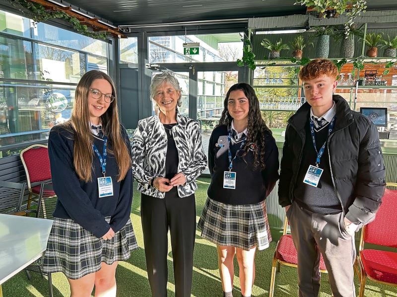 Col&aacute;iste Pobail Osra&iacute; student C&aacute;it N&iacute; Chath&aacute;in, President Catherine Connolly, Freya N&iacute; Aol&aacute;in Rome and Morg&aacute;in &Oacute; Tuathail