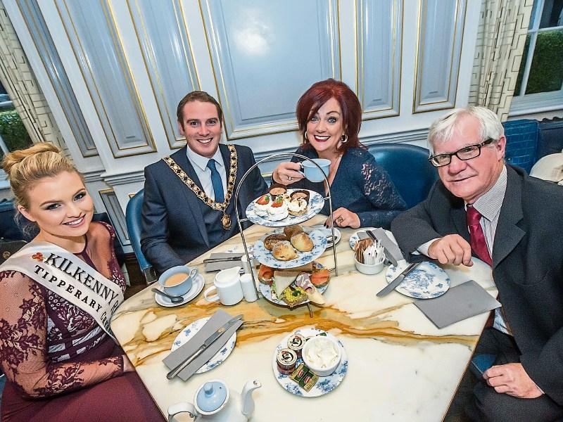Mayor Patrick O' Neill with Kilkenny Rose Sarah Kearns, Cindi Denieffe, and Jim Kavanagh launching the American Tea Party. Picture: Pat Moore.