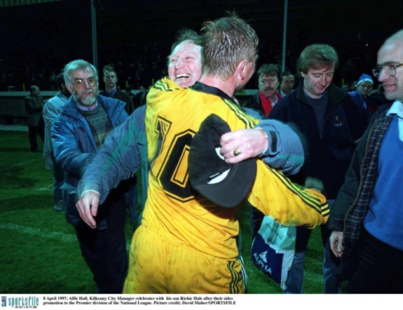8 April 1997; Alfie Hall, Kilkenny City Manager celebrates with  his son Richie Hale after their sides promotion to the Premier division of the National League. Soccer. Picture credit; David Maher/SPORTSFILE