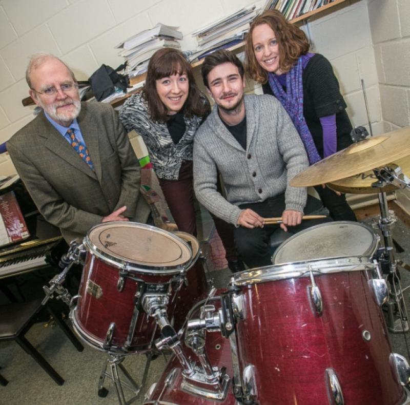Jason Boland, a former student of Kilkenny College, now bass player with hit Irish rock band Kodaline, was visiting his old school and speaking to students last Thursday and is pictured here with former teachers, David Milne, Lisa Hennessy and Nicola Harding. Photo: Pat Moore.