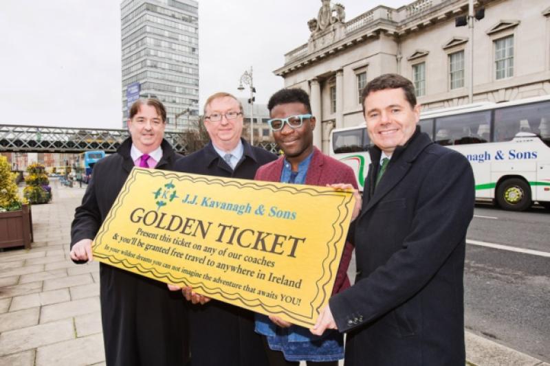 Pictured (L- R)   Paul Kavanagh, MD of JJ Kavanagh & Sons, JJ Kavanagh, MD of JJ Kavanagh & Sons, Timi Ogunyemi, Blogger and Paschal Donohoe, Minister for Transport, Tourism and Sport, at the launch of the new tourist initiative 'Trails of Ireland' to support rural tourism. Pic Angela Halpin