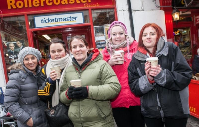 Danila Burke, Mairead Berry, Tracey Rowe, Emily Burke and Sharon Kelly waiting outside Rollercoaster on St Kieran Street to get tickets to the Garth Brooks concerts in Croke Park. Photo: Pat Moore.