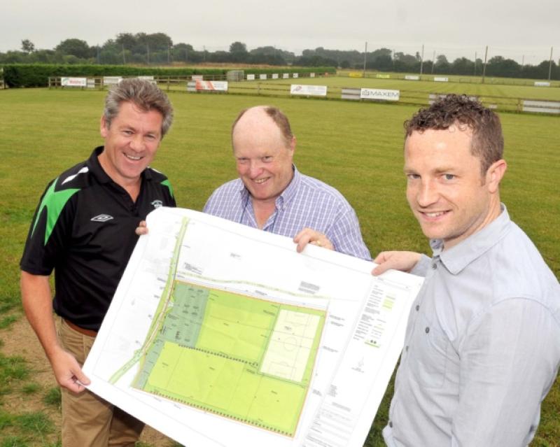 Pictured with the plans for the new all-weather pitch at Evergreen FC grounds on the Kells Road were (from left:) Peter Henebry, Chairman; Mick Hennessy, Development Officer and Niall O'Callaghan, Development Committee and Regional Director, Kilgallen & Partners, Consulting Engineers. Kilgallen & Partners are providing their services free of charge to the project. Photo: Michael Brophy