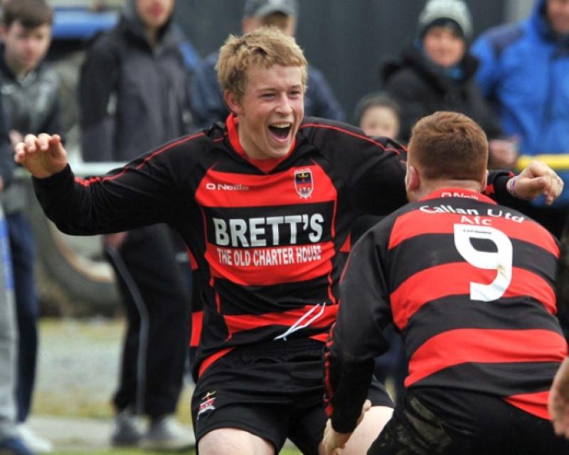 Ryan Bergin (Callan United) celebrates after scoring Callan's first goal with Simon Burke, who would go on to score the second. Photo: Michael Brophy