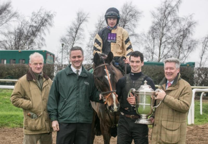 NO REPRO FEE: Pictured at the announcement of details of the 2015 Goffs Thyestes Chase, which takes place at Gowran Park Race Course on Thursday 22nd January and carries a ��100,000 prize pool, were from left: horse trainer Willie Mullins; Henry Beeby, Group Chief Executive, Goffs; Paul Townend on On His Own, 2014 Goffs Thyestes Chase Winners; jockey Patrick Mullins; Joe Connolly, Managing Director, Connolly�"s REDMILLS.  Up to 6,000 attendees are expected to attend the first racing event of the season at Gowran Park that will mark a new century of racing at the Kilkenny race track. Karen Fitzpatrick will also judge the Most Stylish Lady competition offering a luxury ��1,500 Kilkenny city shopping & leisure prize comprising a ��500 voucher for MacDonagh Junction Shopping Centre, a ��500 voucher for Lorimat Jewellers and a ��500 stay & dine package for the Pembroke Hotel. Photo: Pat Moore.