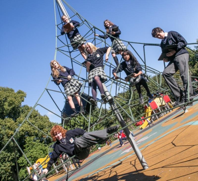Tadhg O hAinle, Tessa Millie, Tamaryn Pienar, Roisin ni Dillun, Freagh Ni Cheallaigh, Doireann Ni Shluain and Aaron Gutierrez O'Mhurchu were measuring angles with ipads in the playground of Kilkenny Castle Park last week. Photo: Pat Moore.
