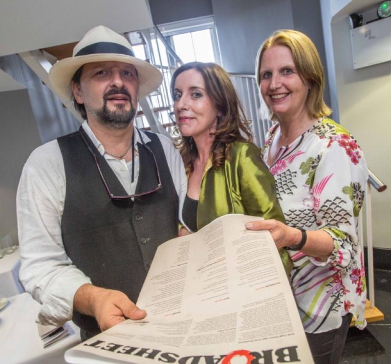 Carol O'Coill, Anne O'Connor and Elinor Mountain pictured at the launch of the Poetry Broadsheet during the Kilkenny Arts Festival last week. Photo: Pat Moore.