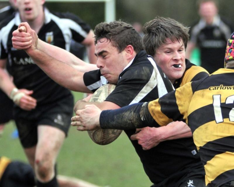 Kilkenny full-back Liam Caddy barges through the Carlow defence in the first round of the Provincial Towns Cup at Foulkstown. Photo: Michael Brophy